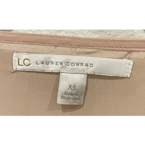 LC LAUREN CONRAD Round Neck Short Sleeve Tan Sheer Blouse - Picture 2 of 5